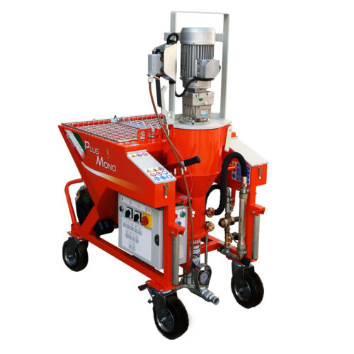 essezeta servizi Un MIXER PLUS STANDARD MONO che viene utilizzato per spruzzare calcestruzzo su fondo bianco.