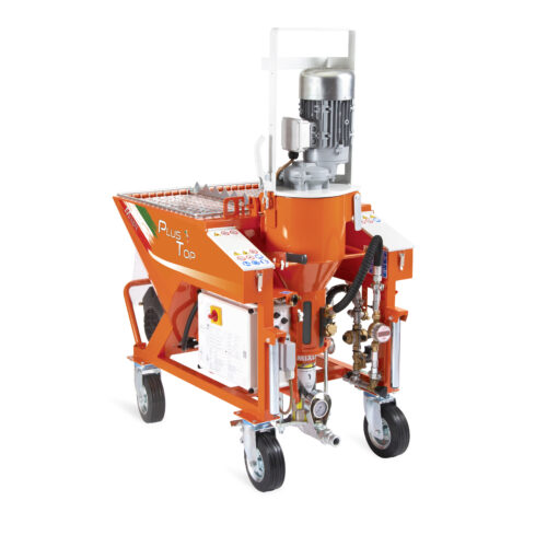 essezeta servizi Un piccolo spruzzatore MIXER MIXER PLUS TOP arancione con ruote su sfondo bianco.
